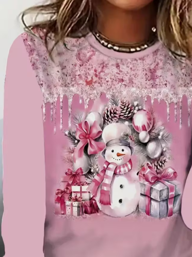 Women's Long Sleeve T-shirt Spring/Fall Pink Christmas Printing Jersey Crew Neck Daily Going Out Casual Top
