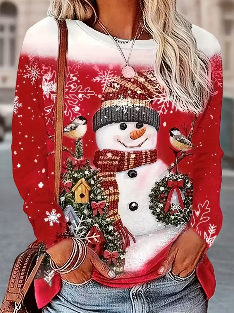 Women's Long Sleeve T-shirt Spring/Fall Red Christmas Printing Jersey Crew Neck Daily Going Out Casual Top