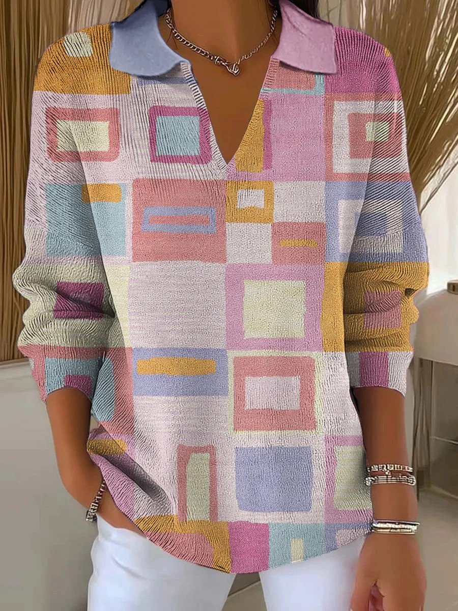 Casual V Neck Loose Abstract Sweater