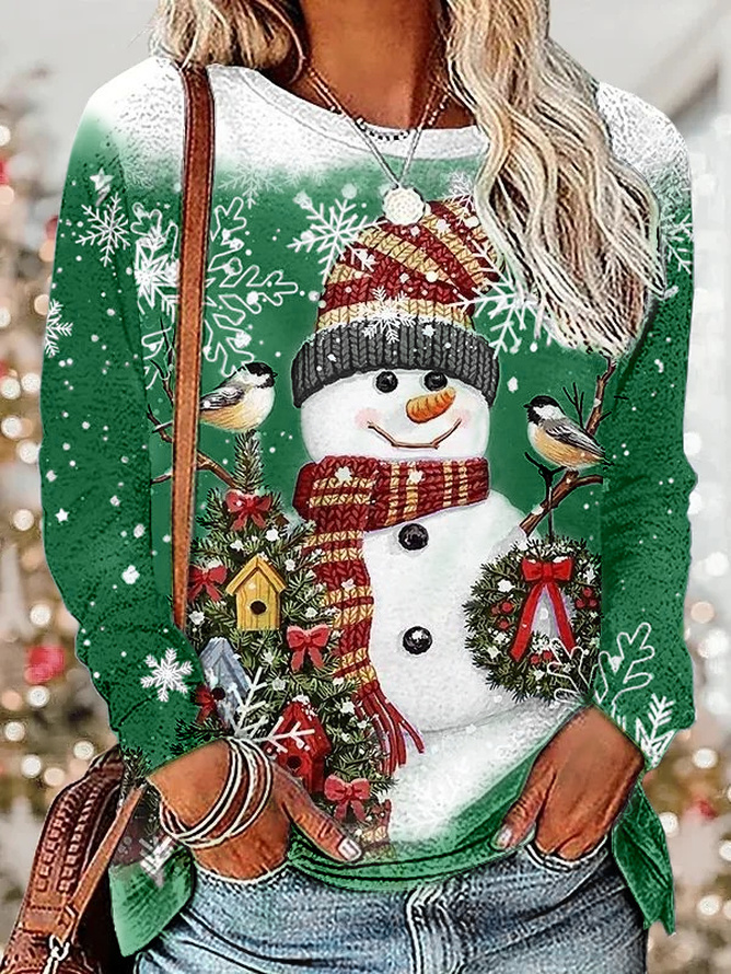 Women's Long Sleeve T-shirt Spring/Fall Red Christmas Printing Jersey Crew Neck Daily Going Out Casual Top
