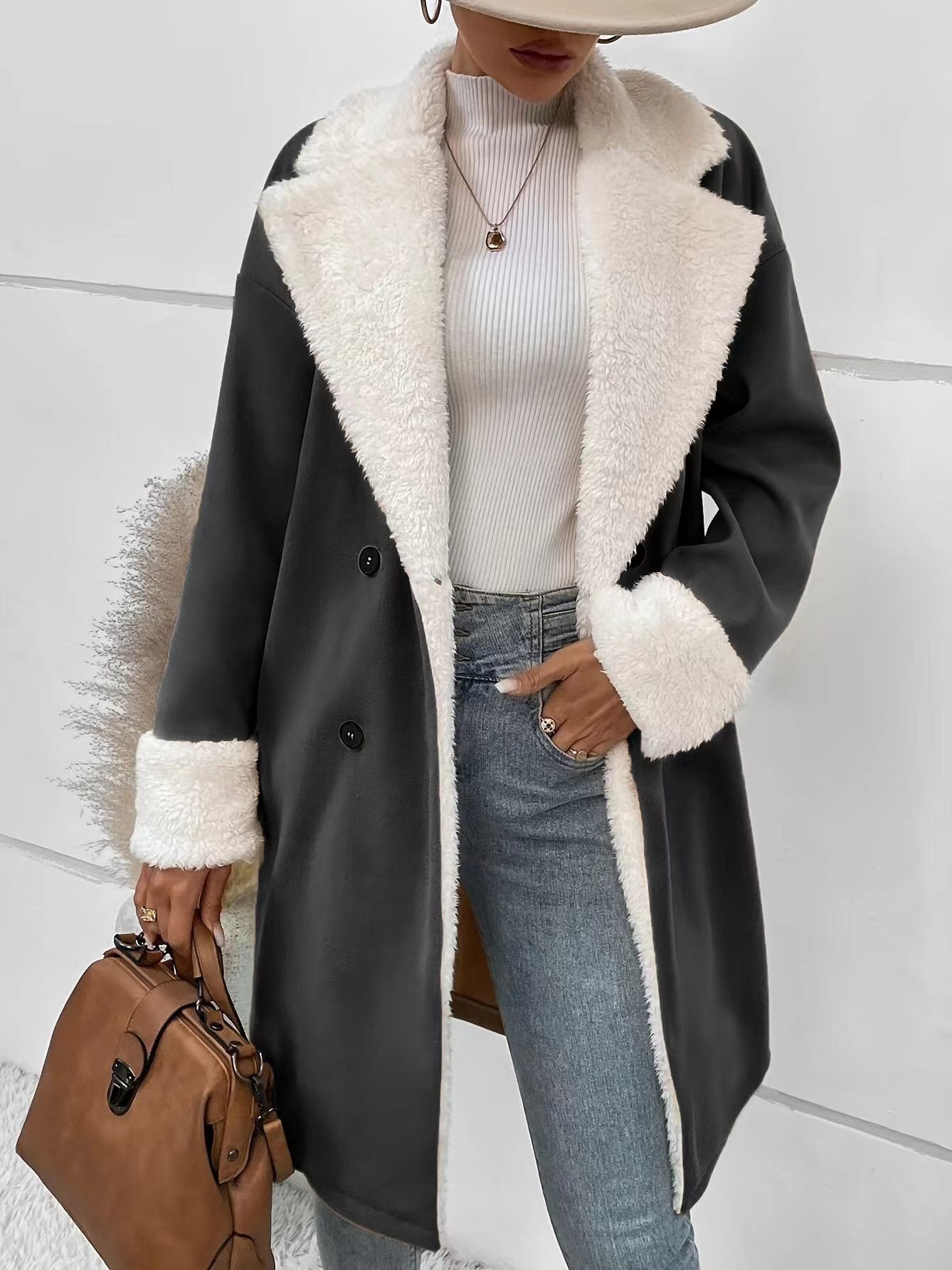 Fluff/Granular Fleece Fabric Street Split Joint Coat