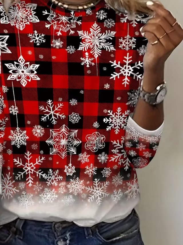 Women's Long Sleeve T-shirt Spring/Fall Red Christmas Printing Jersey Crew Neck Daily Going Out Casual Top