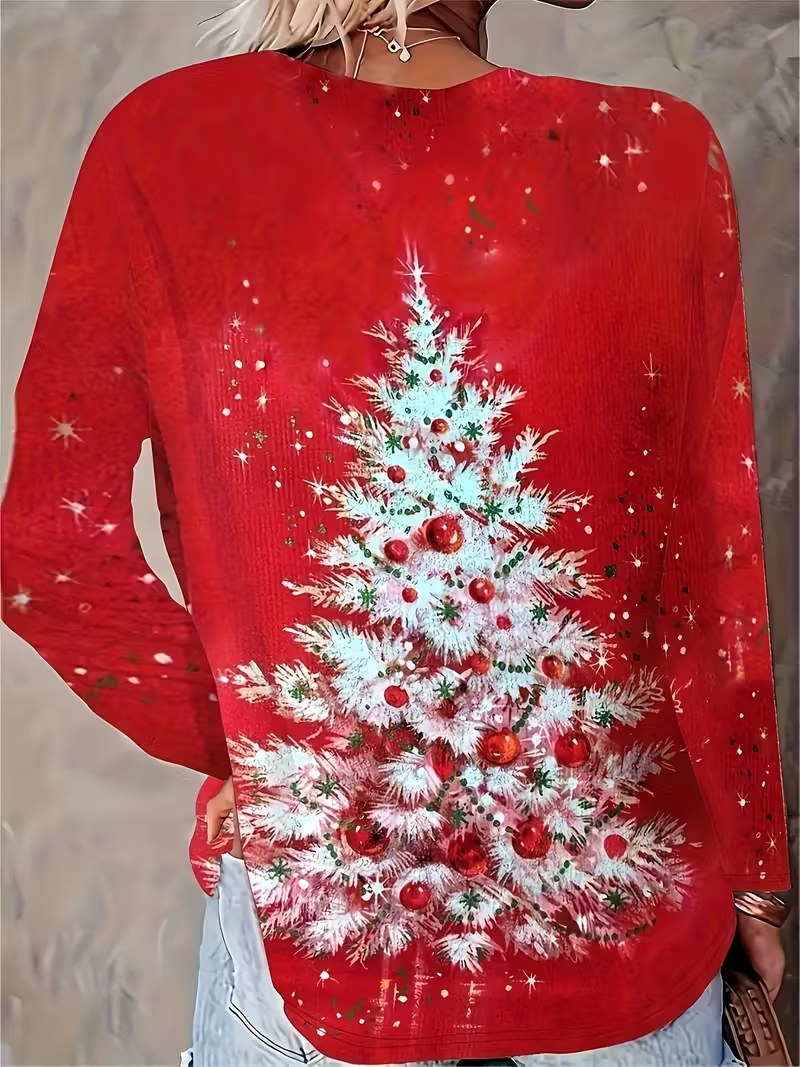 Women's Long Sleeve T-shirt Spring/Fall Red Christmas Printing Jersey Crew Neck Daily Going Out Casual Top