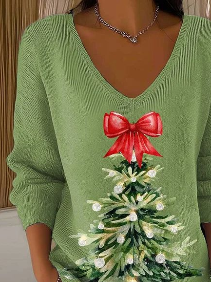 Women's Long Sleeve T-shirt Spring/Fall Green Christmas Printing V Neck Daily Going Out Casual Top