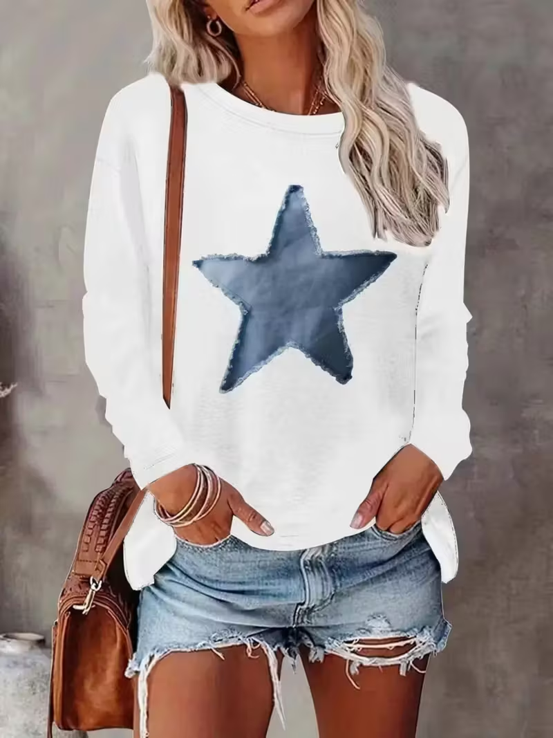 Women's Long Sleeve T-shirt Spring/Fall White Star Printing Jersey Crew Neck Daily Going Out Casual Top