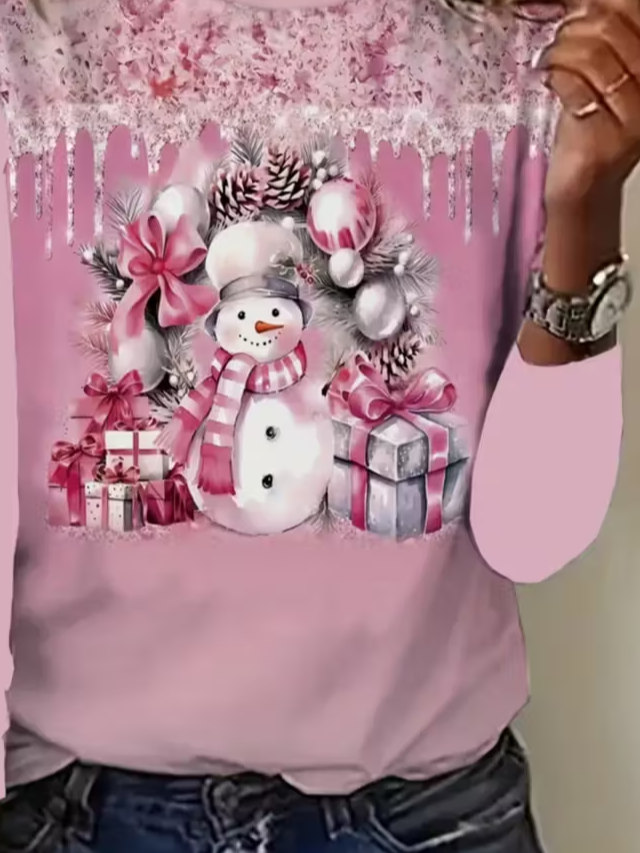 Women's Long Sleeve T-shirt Spring/Fall Pink Christmas Printing Jersey Crew Neck Daily Going Out Casual Top