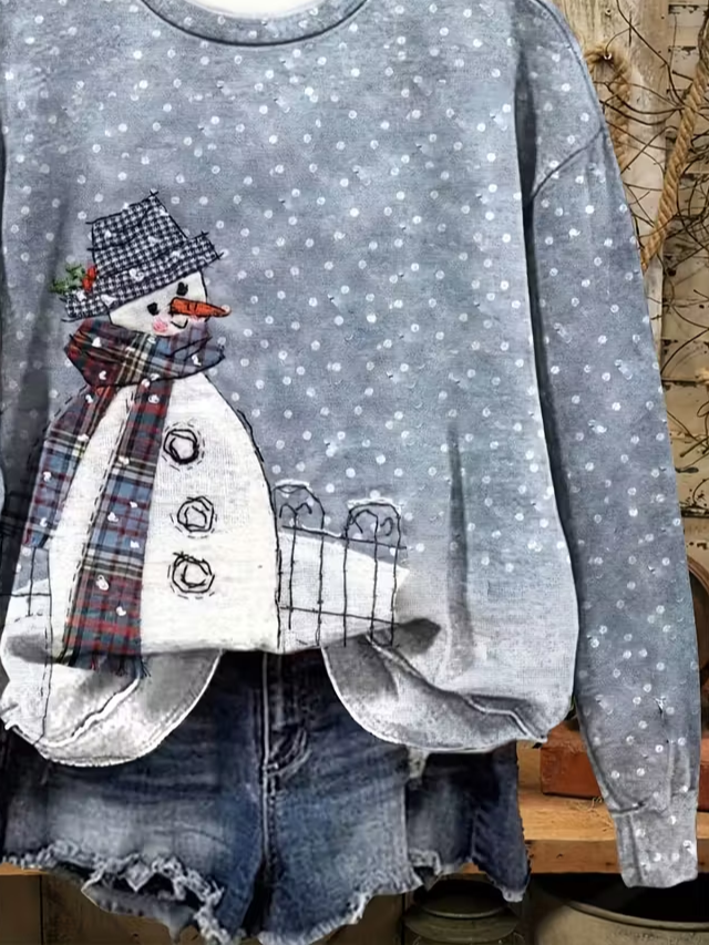 Casual Printing Crew Neck Christmas Snowman Sweatshirt