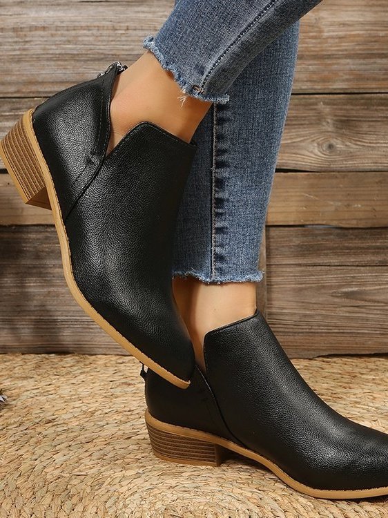 British Style Four Seasons Solid Color Pointed Toe Casual Rear Zipper Low Heel Thick Heel Single Shoes