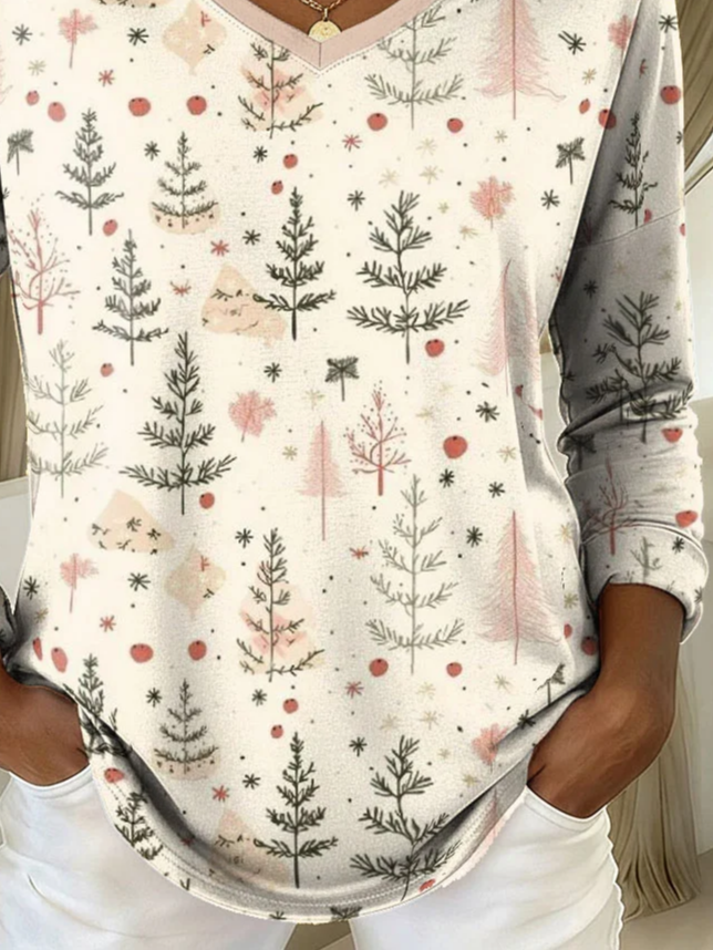 Women's Long Sleeve T-shirt Spring/Fall Apricot Christmas Printing Jersey V Neck Daily Going Out Casual Top