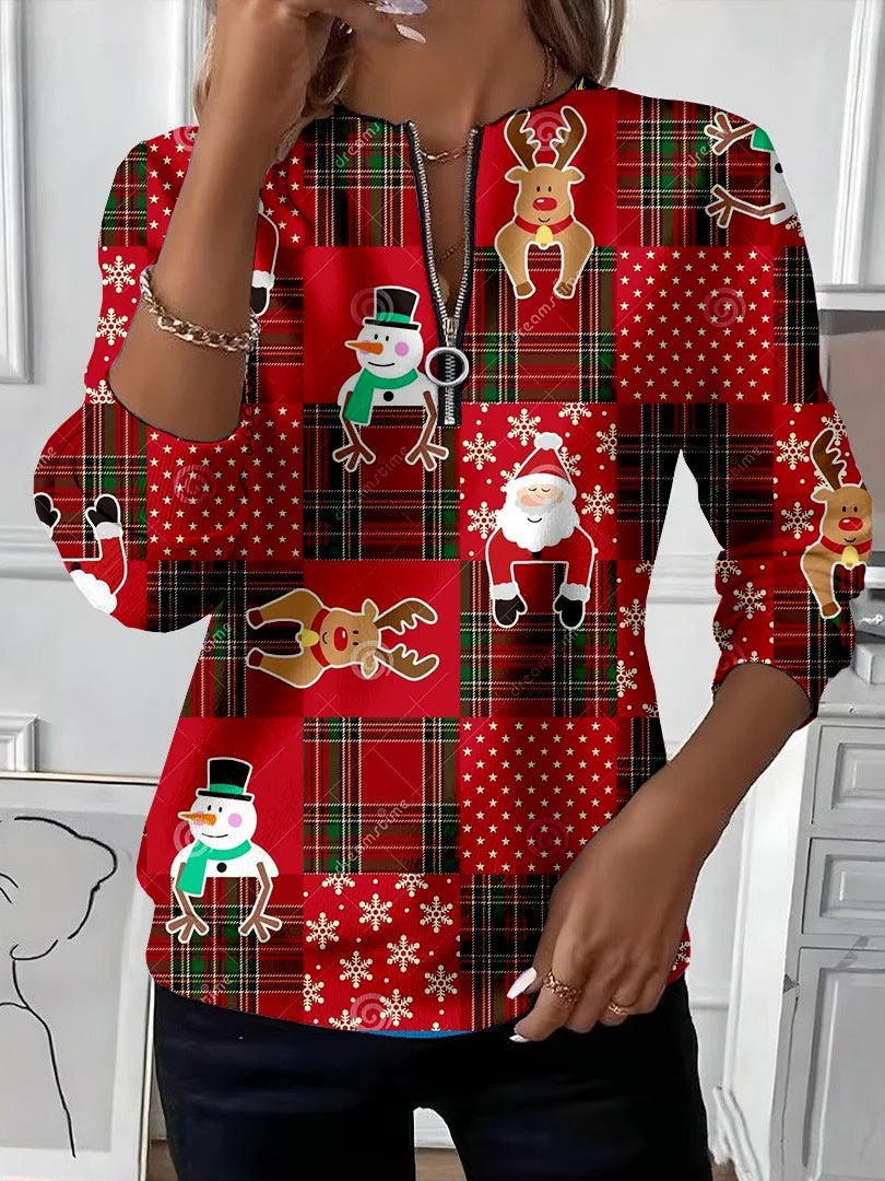 Women's Christmas Print Casual Zip-Up Long Sleeve Sweatshirt