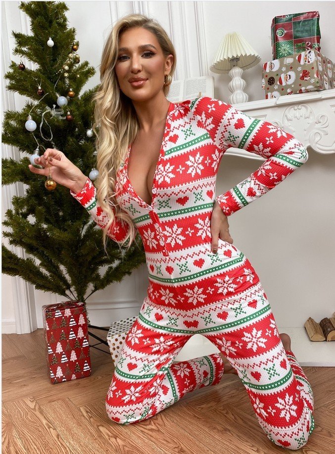Home Clothes Sexy Regular Fit V Neck Christmas Jumpsuit