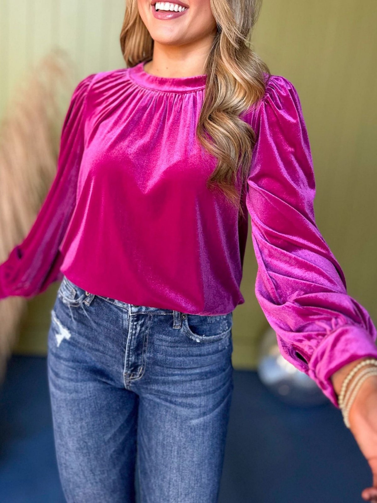 Women's Long Sleeve Shirt Spring/Fall Red Plain Split Joint Crew Neck Puff Sleeve Daily Going Out Casual Top