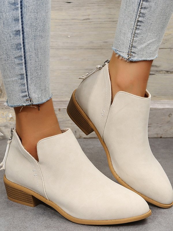 British Style Four Seasons Solid Color Pointed Toe Casual Rear Zipper Low Heel Thick Heel Single Shoes