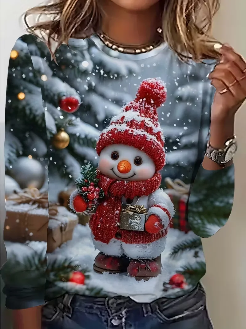 Women's Long Sleeve T-shirt Spring/Fall As Picture Christmas Snowman Printing Jersey Crew Neck Daily Going Out Casual Top