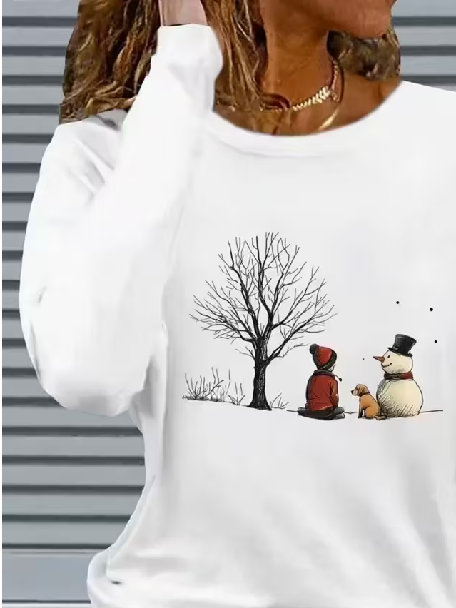 Women's Long Sleeve T-shirt Spring/Fall White Christmas Snowman Printing Jersey Crew Neck Daily Going Out Casual Top