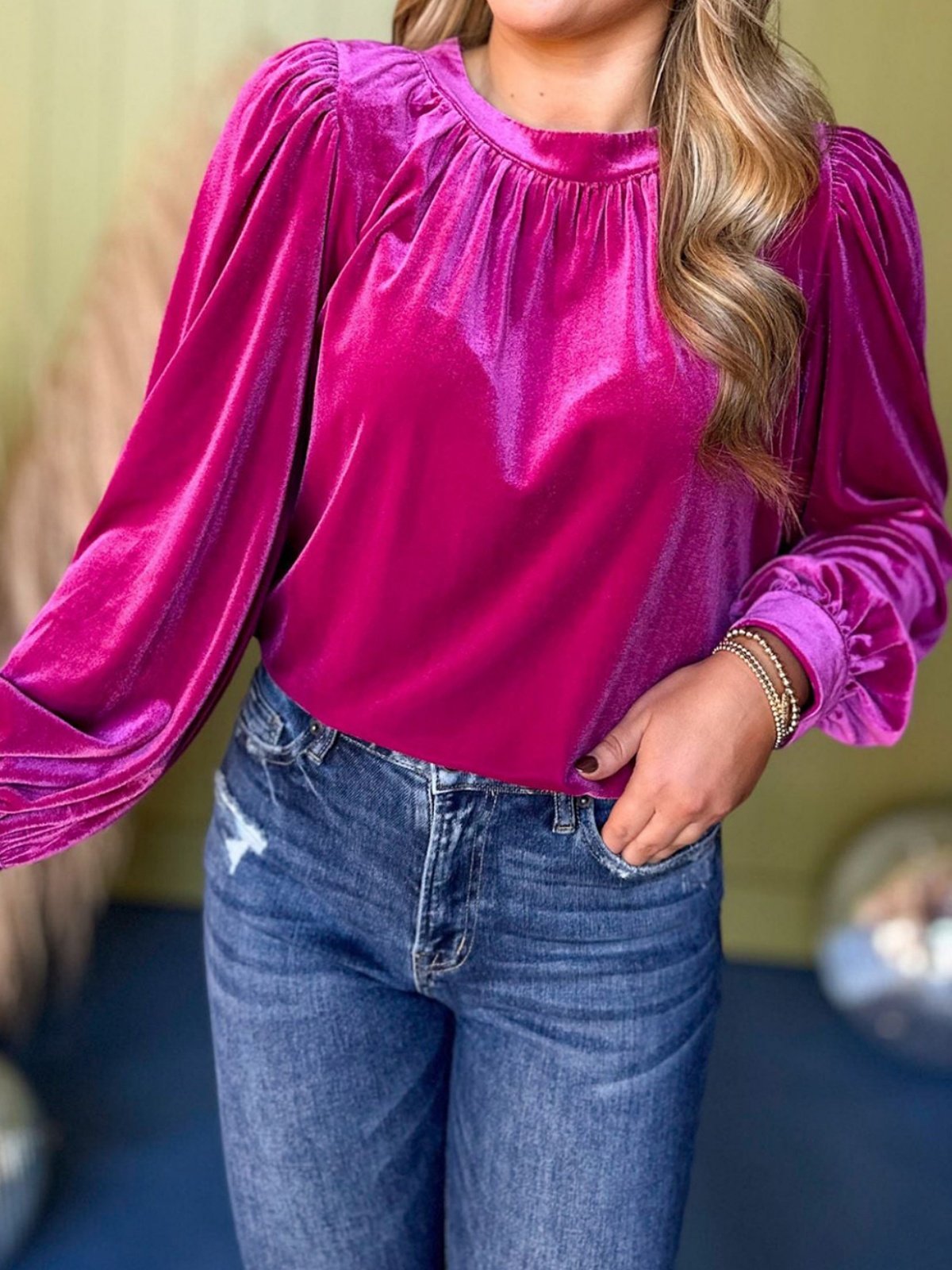 Women's Long Sleeve Shirt Spring/Fall Red Plain Split Joint Crew Neck Puff Sleeve Daily Going Out Casual Top