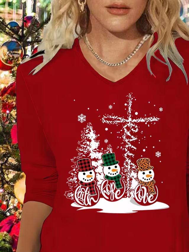 Women's Long Sleeve T-shirt Spring/Fall Red Christmas Printing Jersey V Neck Daily Going Out Casual Top