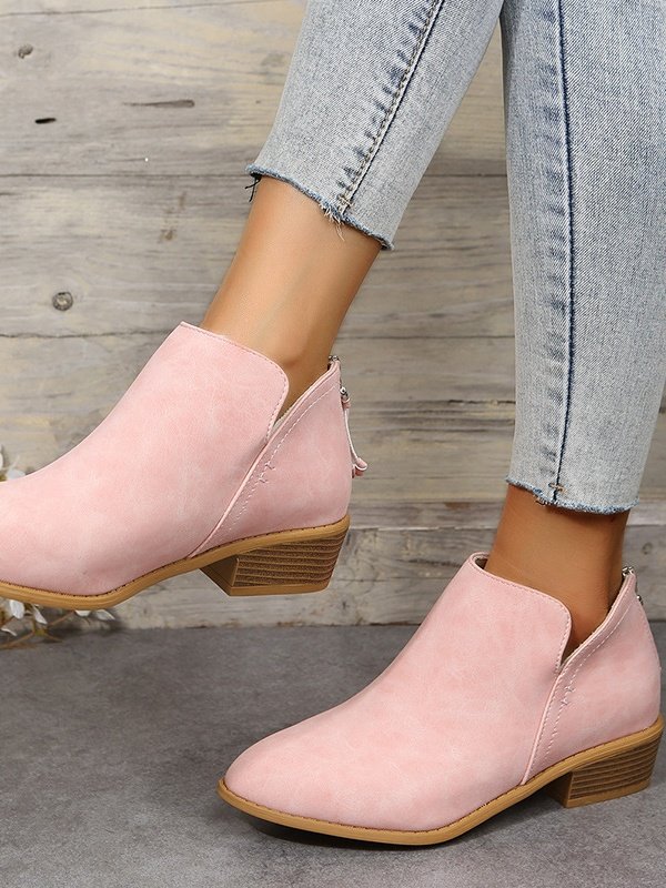 British Style Four Seasons Solid Color Pointed Toe Casual Rear Zipper Low Heel Thick Heel Single Shoes