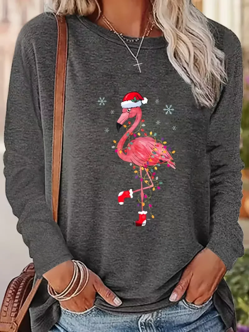 Women's Long Sleeve T-shirt Spring/Fall Pink Christmas Printing Jersey Crew Neck Daily Going Out Casual Top
