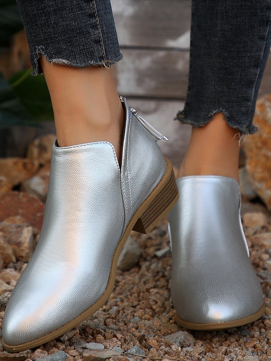 British Style Four Seasons Solid Color Pointed Toe Casual Rear Zipper Low Heel Thick Heel Single Shoes