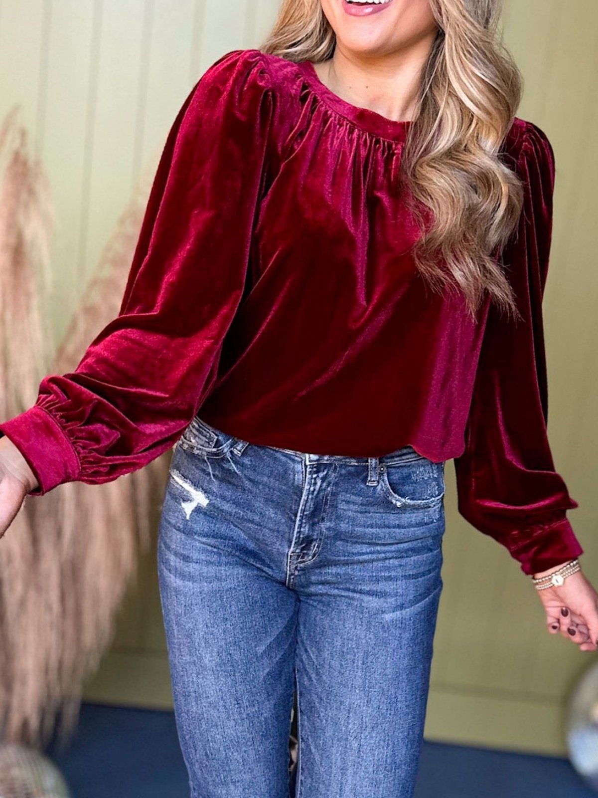 Women's Long Sleeve Shirt Spring/Fall Red Plain Split Joint Crew Neck Puff Sleeve Daily Going Out Casual Top