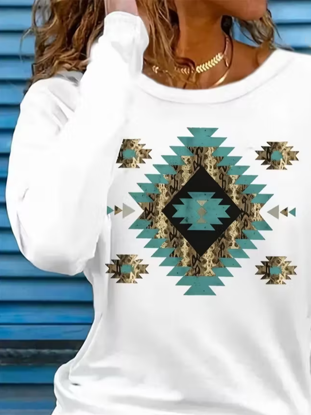 Women's Long Sleeve T-shirt Spring/Fall White Ethnic Printing Jersey Crew Neck Daily Going Out Casual Top