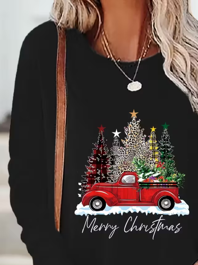 Women's Long Sleeve T-shirt Spring/Fall Black Christmas Printing Jersey Crew Neck Daily Going Out Casual Top