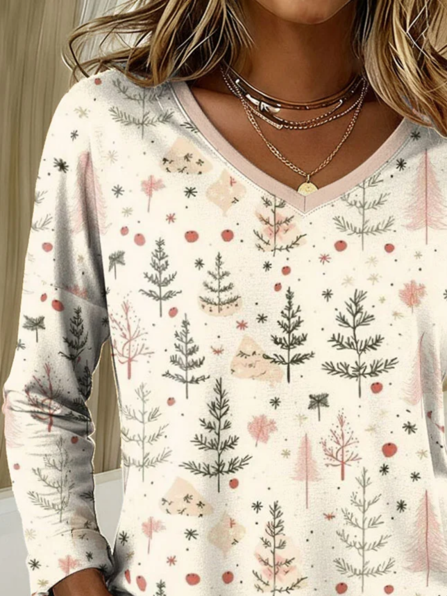 Women's Long Sleeve T-shirt Spring/Fall Apricot Christmas Printing Jersey V Neck Daily Going Out Casual Top