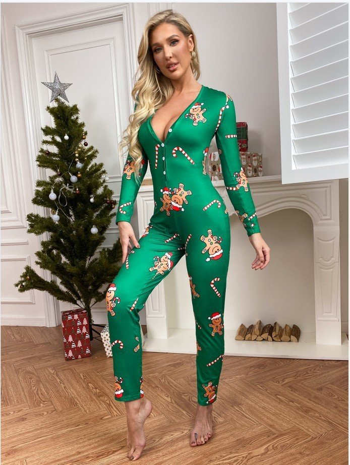 Home Clothes Sexy Regular Fit V Neck Christmas Jumpsuit