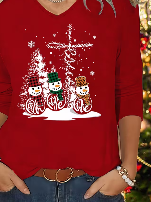 Women's Long Sleeve T-shirt Spring/Fall Red Christmas Printing Jersey V Neck Daily Going Out Casual Top