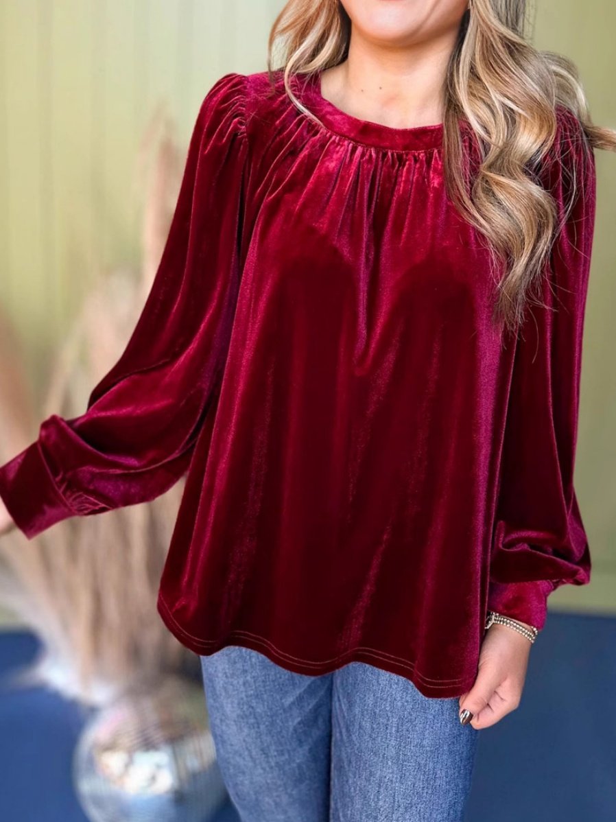Women's Long Sleeve Shirt Spring/Fall Red Plain Split Joint Crew Neck Puff Sleeve Daily Going Out Casual Top