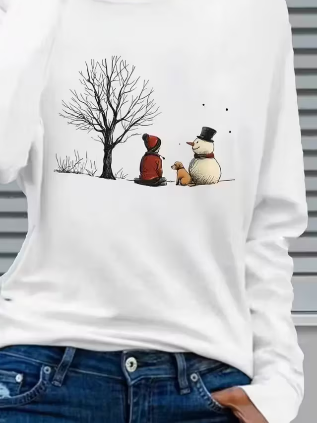 Women's Long Sleeve T-shirt Spring/Fall White Christmas Snowman Printing Jersey Crew Neck Daily Going Out Casual Top