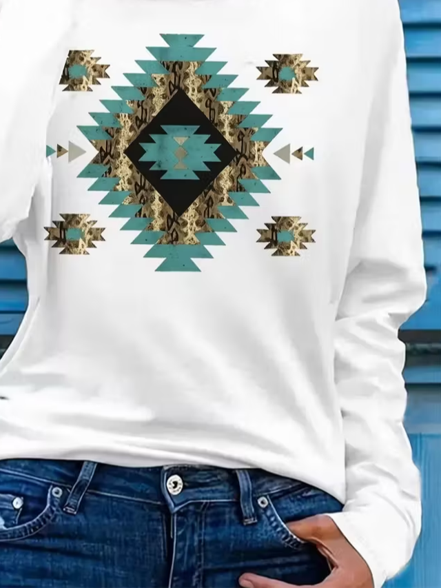 Women's Long Sleeve T-shirt Spring/Fall White Ethnic Printing Jersey Crew Neck Daily Going Out Casual Top