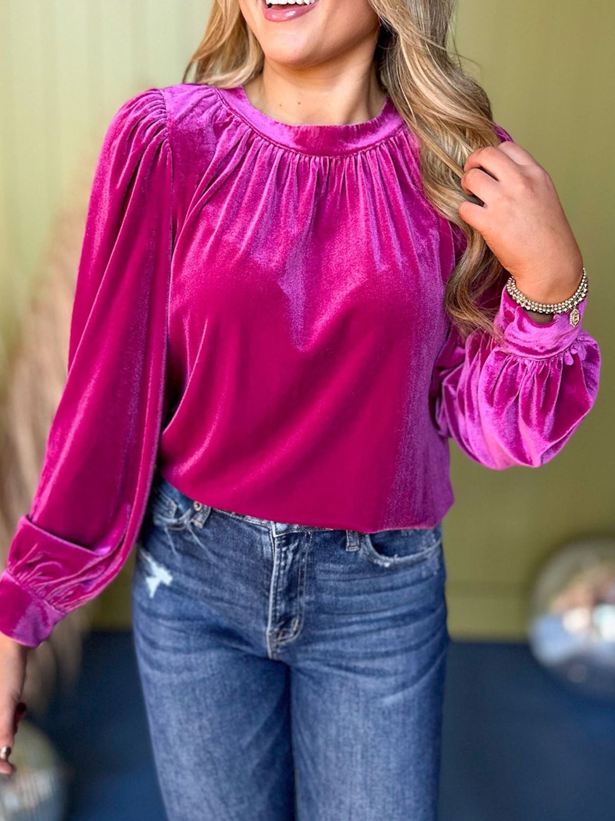 Women's Long Sleeve Shirt Spring/Fall Red Plain Split Joint Crew Neck Puff Sleeve Daily Going Out Casual Top