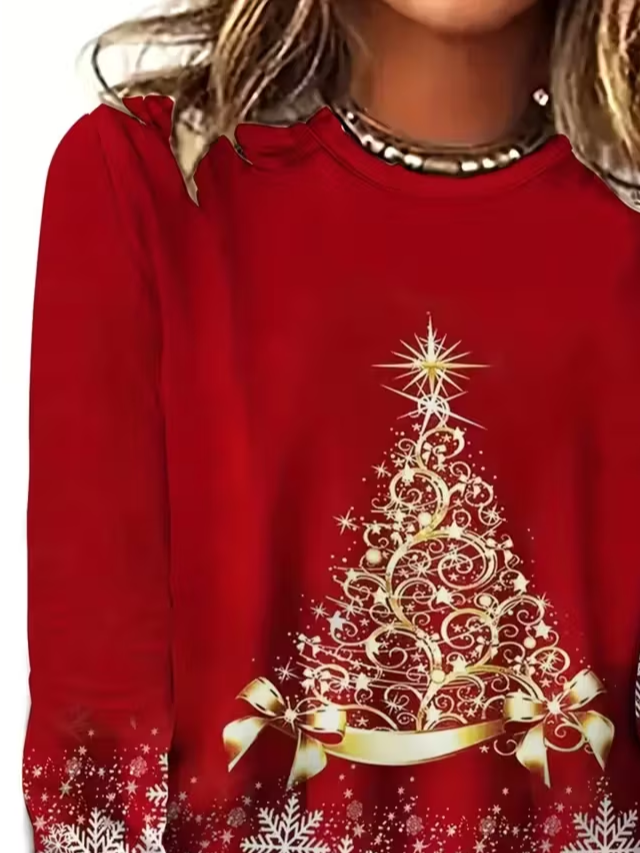 Women's Long Sleeve T-shirt Spring/Fall Red Christmas Printing Jersey Crew Neck Daily Going Out Casual Top
