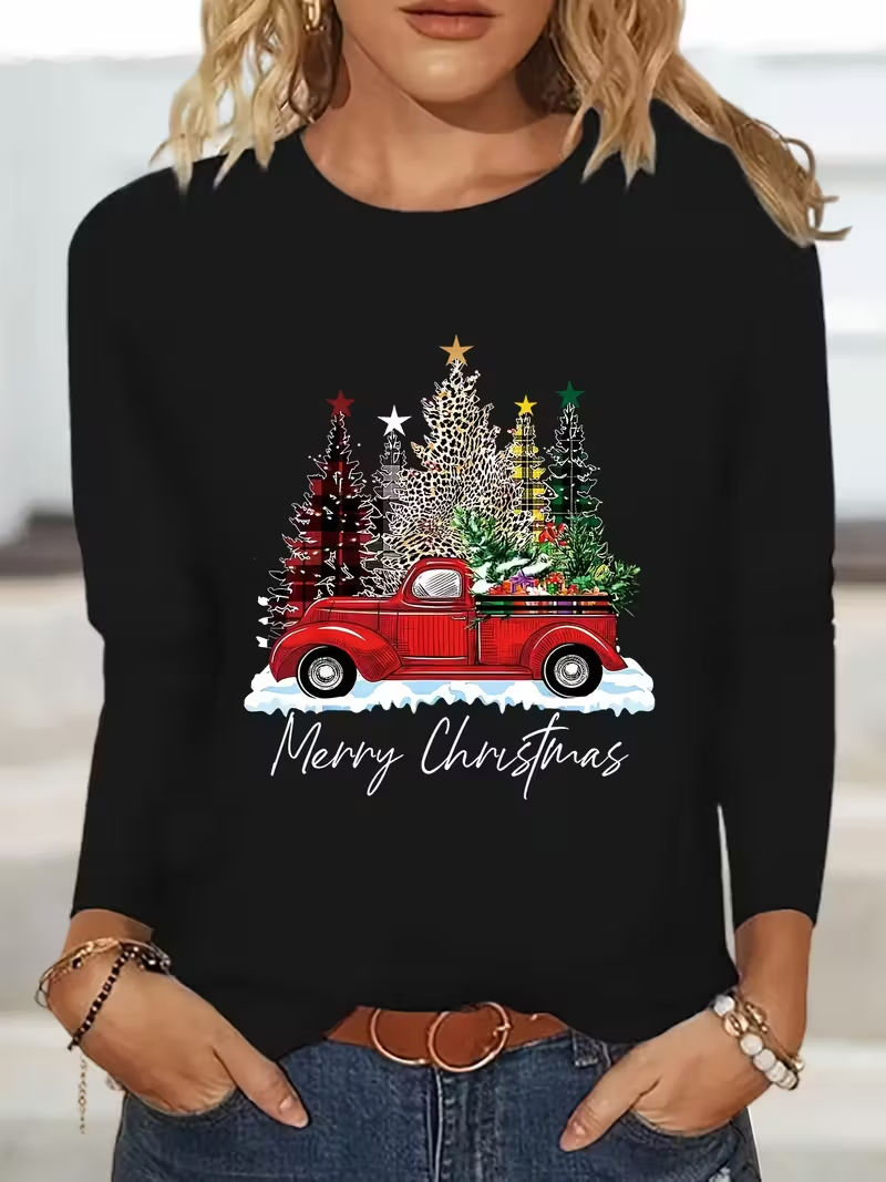 Women's Long Sleeve T-shirt Spring/Fall Black Christmas Printing Jersey Crew Neck Daily Going Out Casual Top