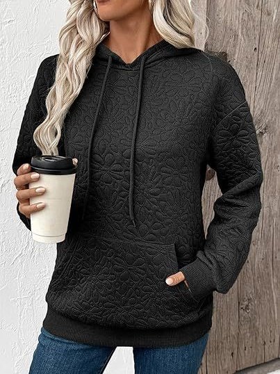 Casual Loose Jacquard Texture Elastic Drawstring Hooded Women's Sweatshirt