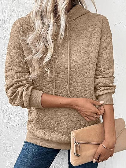 Casual Loose Jacquard Texture Elastic Drawstring Hooded Women's Sweatshirt