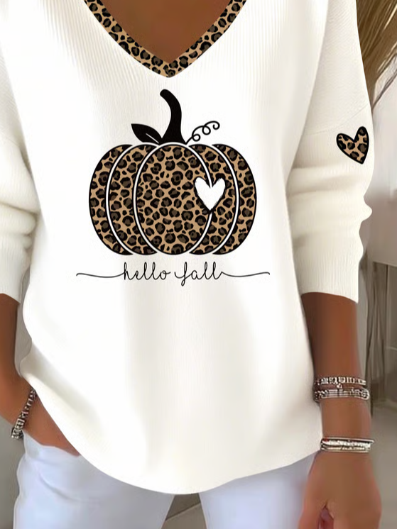 Women's Long Sleeve T-shirt Spring/Fall White Halloween (pumpkin) Printing V Neck Daily Going Out Casual Top