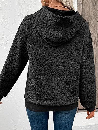Casual Loose Jacquard Texture Elastic Drawstring Hooded Women's Sweatshirt