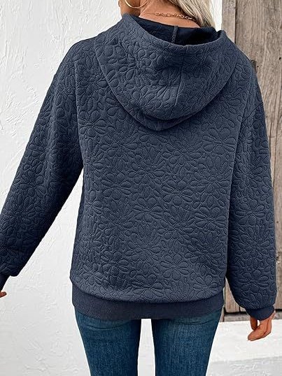 Casual Loose Jacquard Texture Elastic Drawstring Hooded Women's Sweatshirt