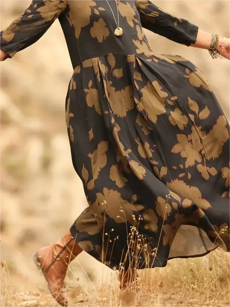 Crew Neck Loose Vintage Dress With No