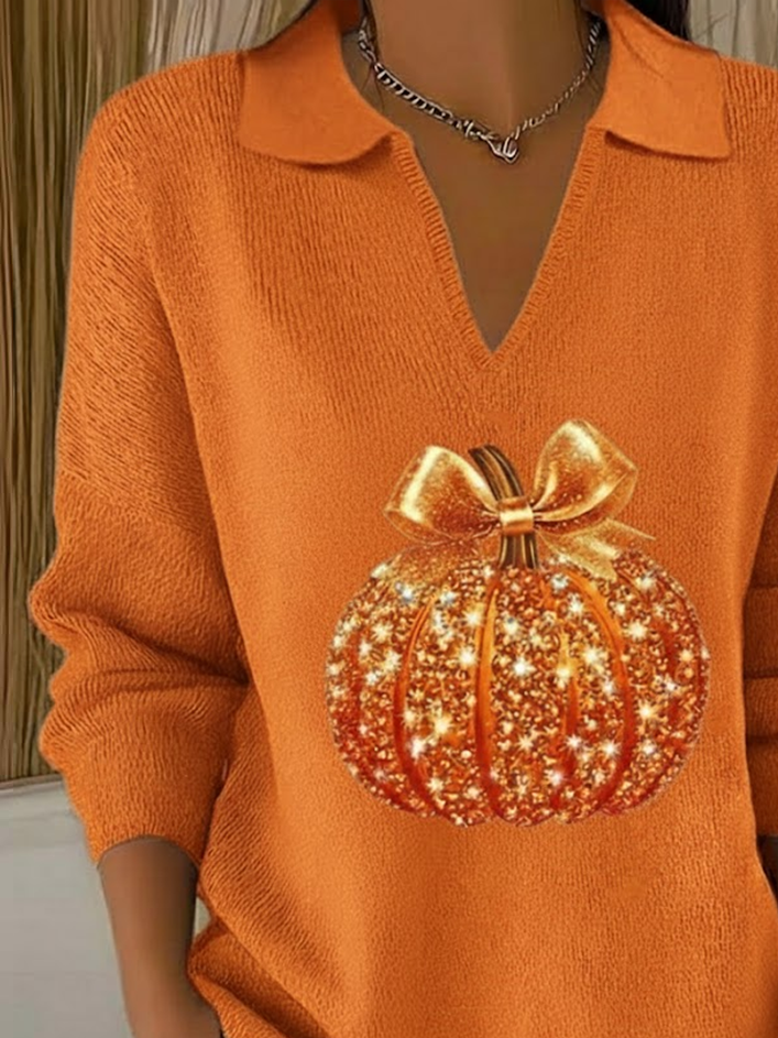 Women's Pumpkin Autumn Print Casual Lapel Sweater