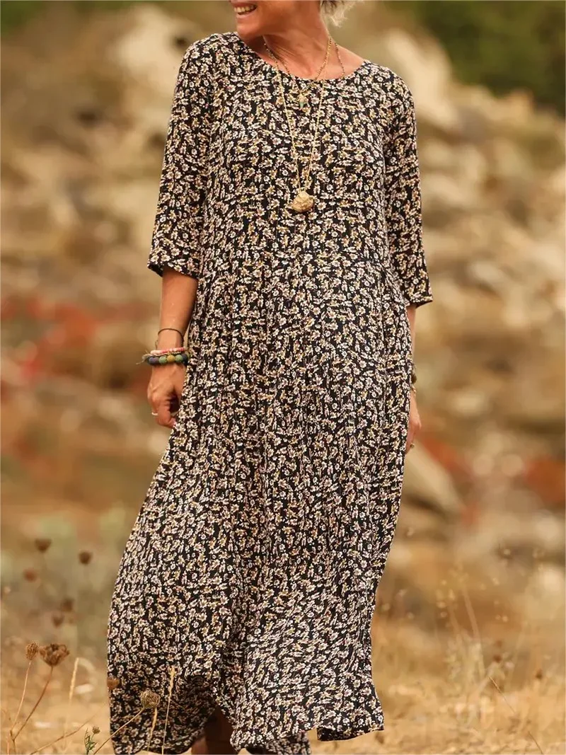Crew Neck Loose Vintage Dress With No