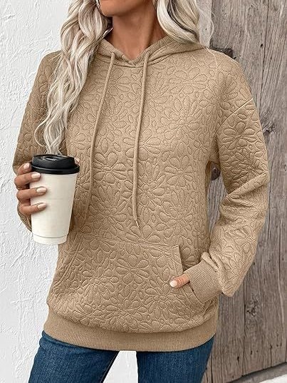 Casual Loose Jacquard Texture Elastic Drawstring Hooded Women's Sweatshirt