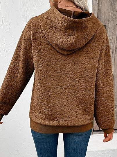 Casual Loose Jacquard Texture Elastic Drawstring Hooded Women's Sweatshirt