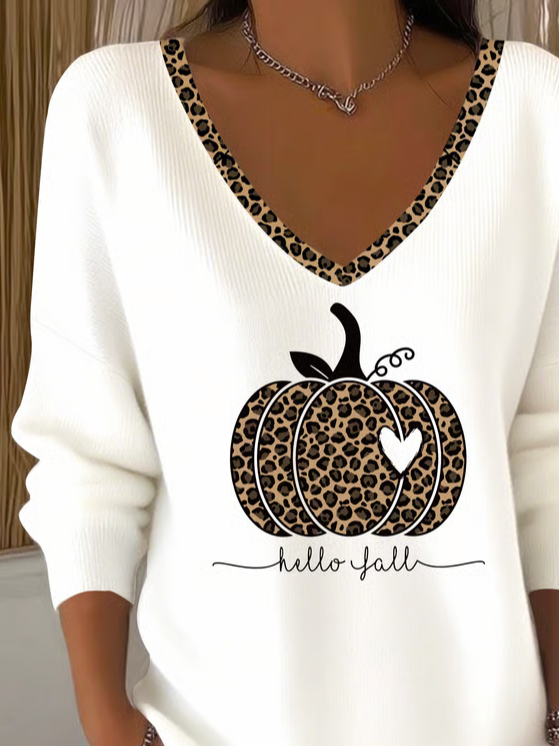 Women's Long Sleeve T-shirt Spring/Fall White Halloween (pumpkin) Printing V Neck Daily Going Out Casual Top