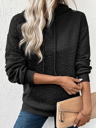 Casual Loose Jacquard Texture Elastic Drawstring Hooded Women's Sweatshirt