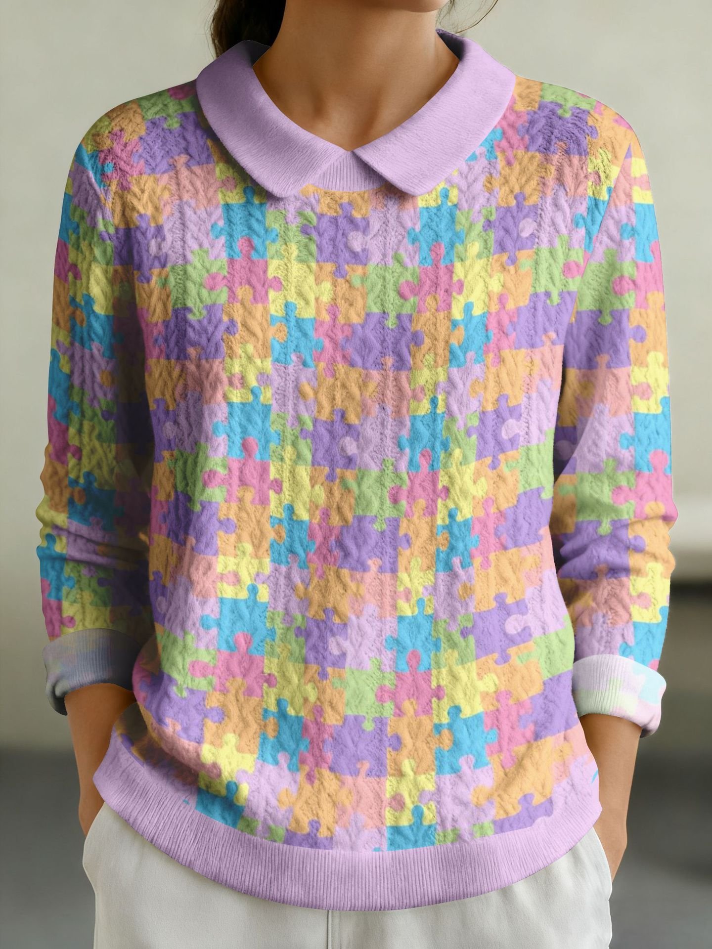 Geometric Regular Fit Shawl Collar Casual Sweater