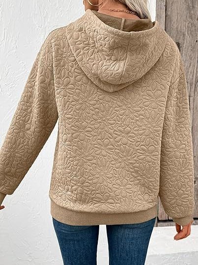 Casual Loose Jacquard Texture Elastic Drawstring Hooded Women's Sweatshirt